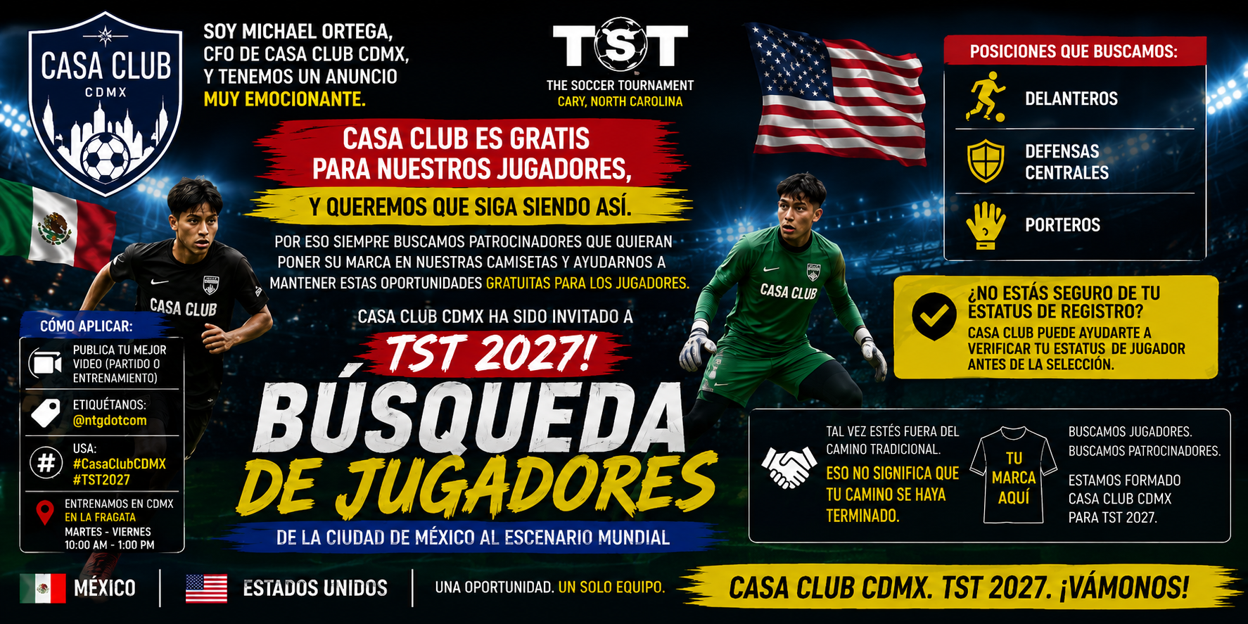Casa Club CDMX player search flyer for TST 2027
